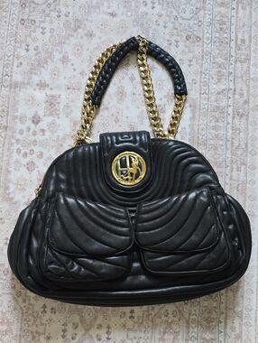 Henri Bendel Black Quilted Shoulder Bag with Gold Chain Detail